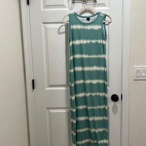 Art class girls XL full length teal and cream striped dress